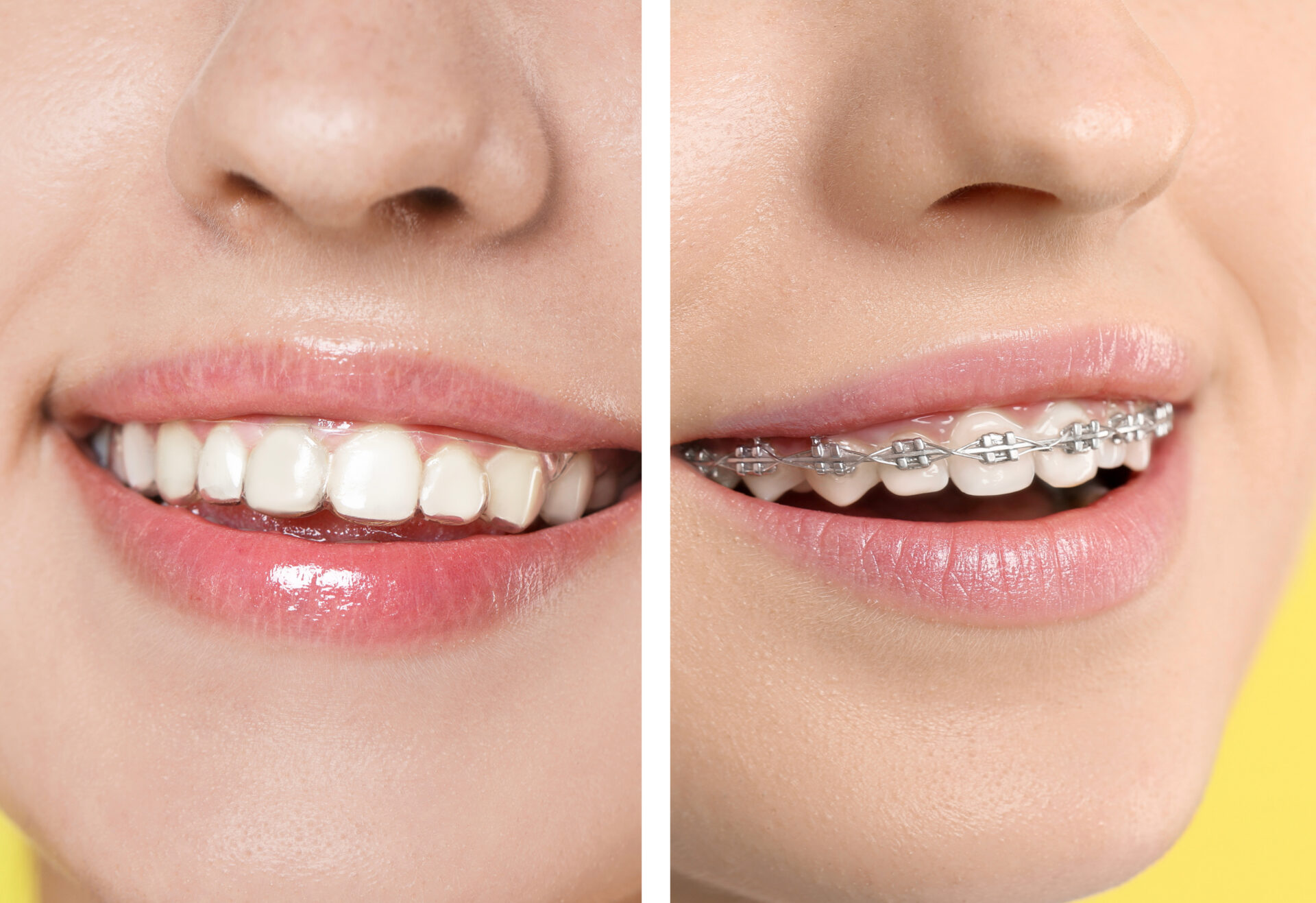 Porównanie uśmiechu z aparatem metalowym i nakładkami Invisalign